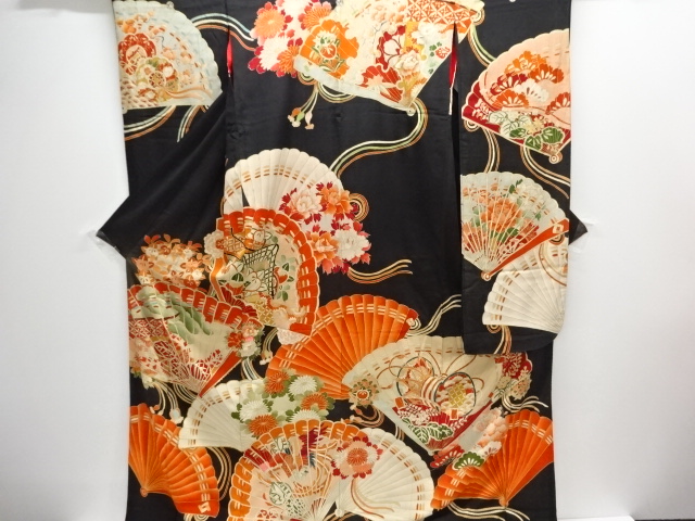 大正ロマン　錦紗檜扇に松・桐模様刺繍花嫁衣装五つ紋振袖・長襦袢セット(刺繍衿付き)